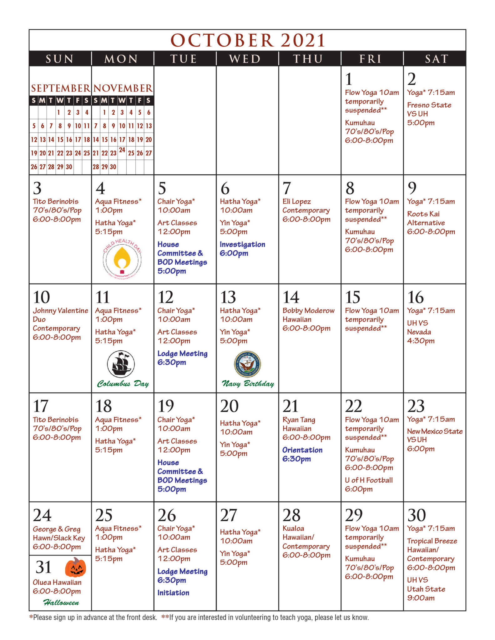 October Fitness Calendar of Events Elks Lodge 616 Honolulu, Hawaii