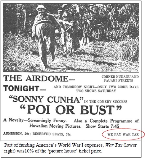 In a June 2001 story I wrote that Albert Richard “Sonny” Cunha (616’s first Tiler) played the lead character in a 1918 film comedy, “Poi or Bust,” but that nothing was known about the film. Then chance has smiled. During a search on another topic, I tripped over an ad for the film.